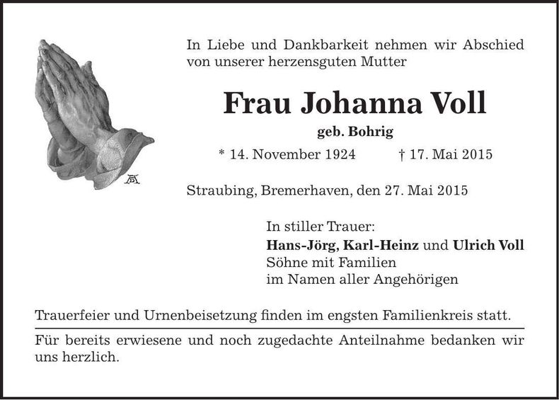 Traueranzeige Johanna Voll
