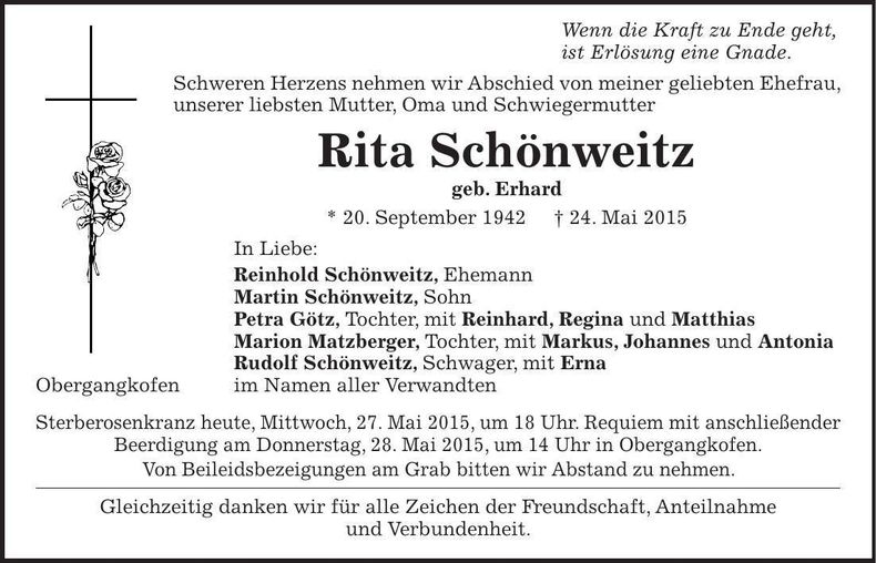 Traueranzeige Rita Schönweitz