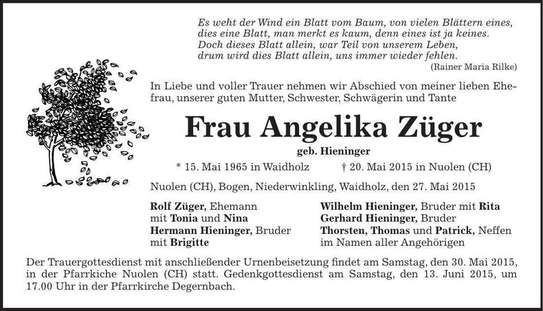 Traueranzeige Angelika Züger