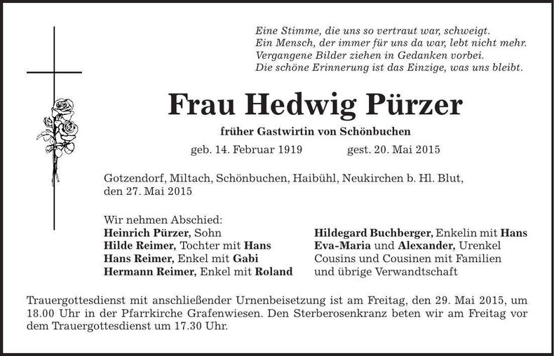 Traueranzeige Hedwig Pürzer
