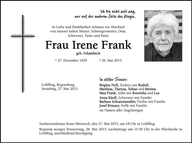 Traueranzeige Irene Frank