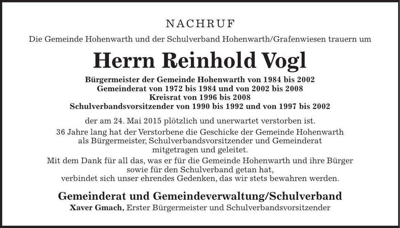 Traueranzeige Reinhold Vogl