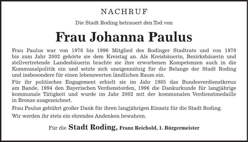 Traueranzeige Johanna Paulus