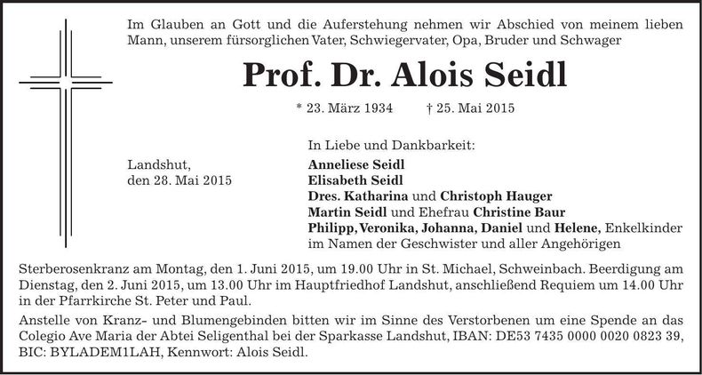 Traueranzeige Alois Seidl