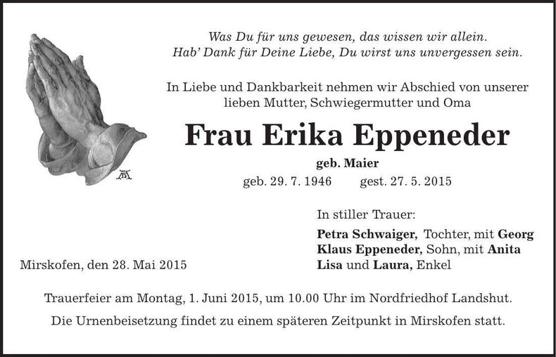 Traueranzeige Erika Eppeneder