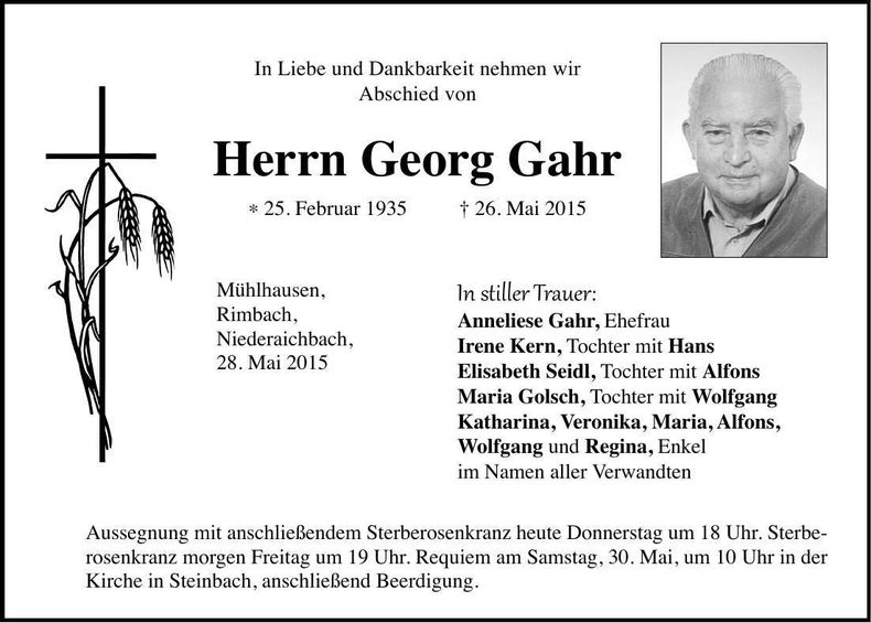 Traueranzeige Georg Gahr
