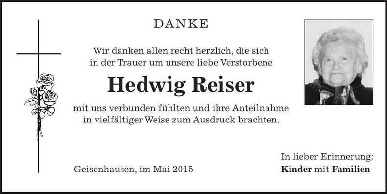 Traueranzeige Hedwig Reiser
