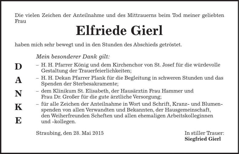 Traueranzeige Elfriede Gierl