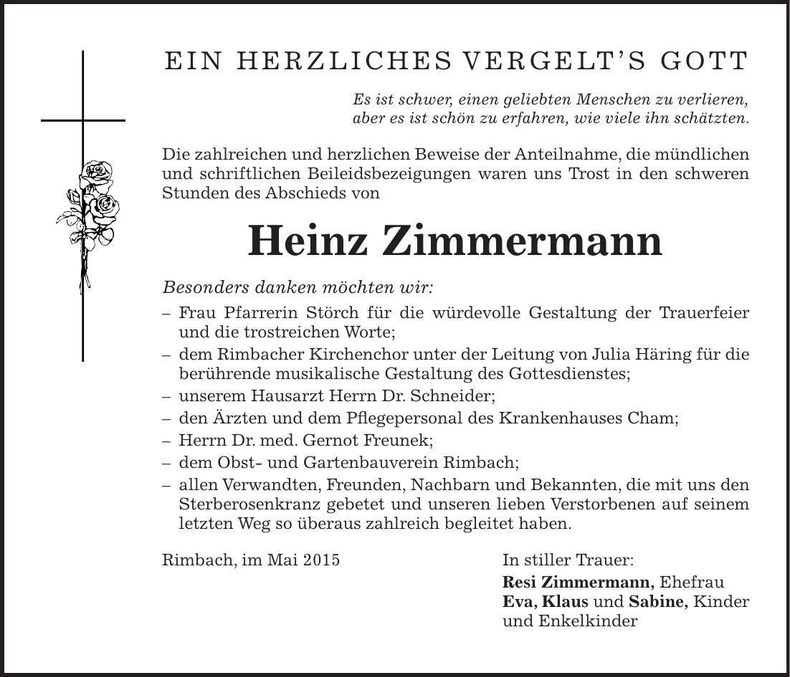 Traueranzeige Heinz Zimmermann
