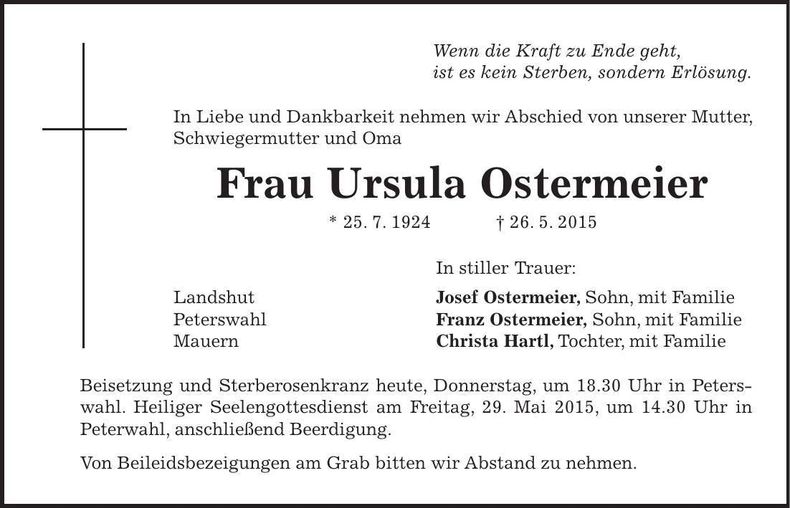 Traueranzeige Ursula Ostermeier