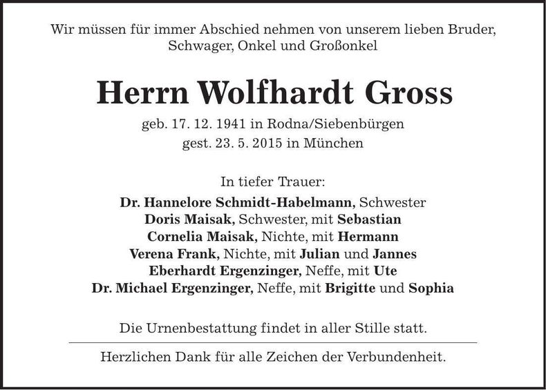Traueranzeige Wolfhardt Gross