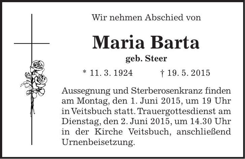 Traueranzeige Maria Barta
