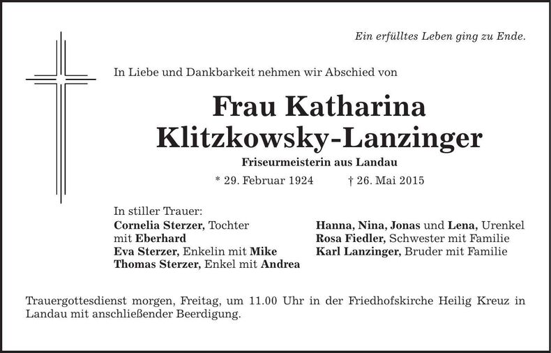 Traueranzeige Katharina Klitzkowsky-Lanzinger