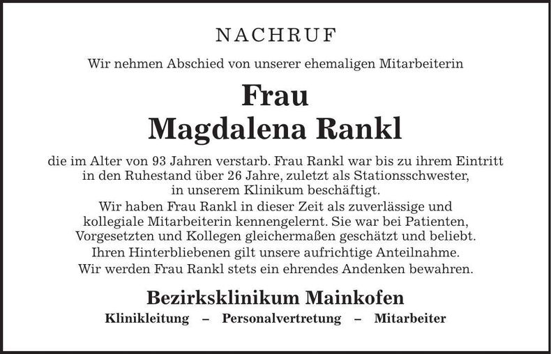 Traueranzeige Magdalena Rankl
