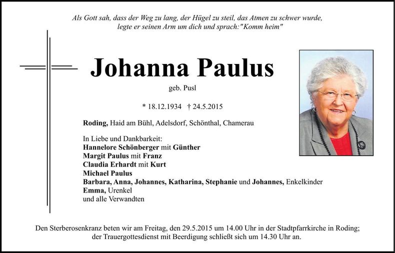 Traueranzeige Johanna Paulus