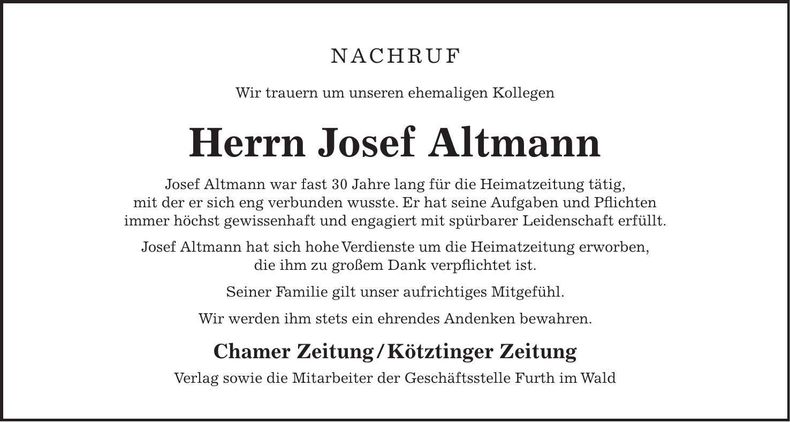 Traueranzeige Josef Altmann