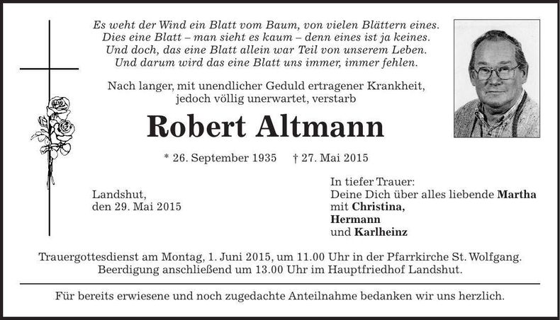 Traueranzeige Robert Altmann