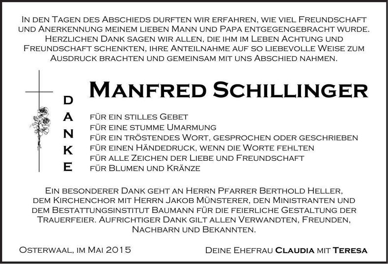 Traueranzeige Manfred Schillinger