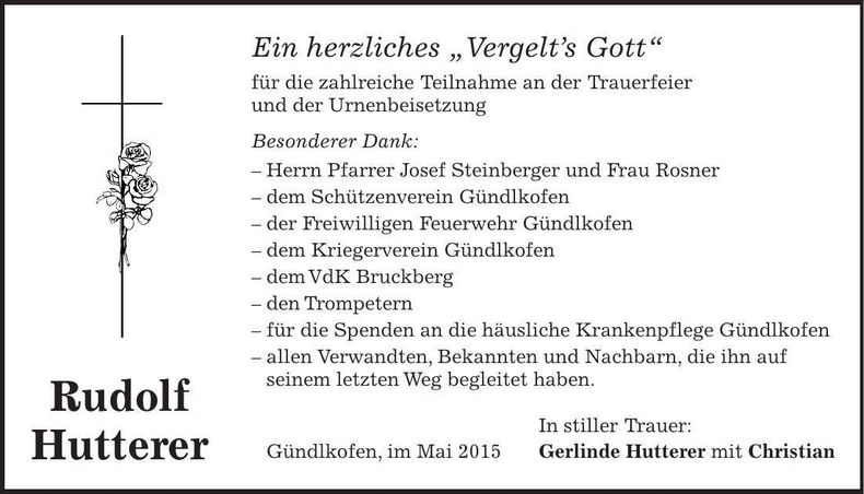 Traueranzeige Rudolf Hutterer