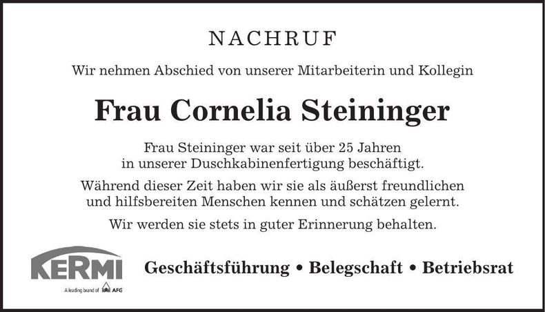 Traueranzeige Cornelia Steininger