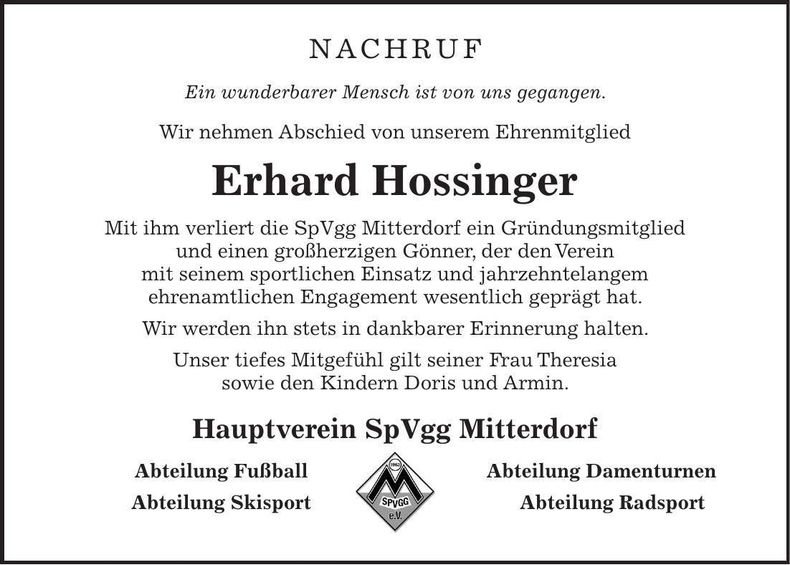 Traueranzeige Erhard Hossinger