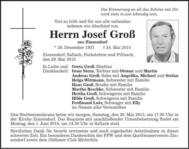 Traueranzeige Josef Groß