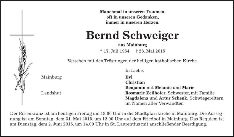 Traueranzeige Bernd Schweiger