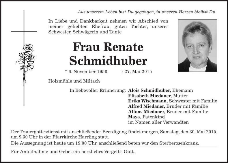 Traueranzeige Renate Schmidhuber
