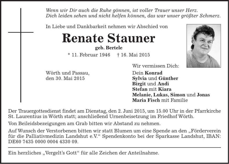 Traueranzeige Reante Stauner