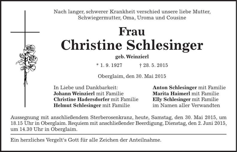 Traueranzeige Christine Schlesinger