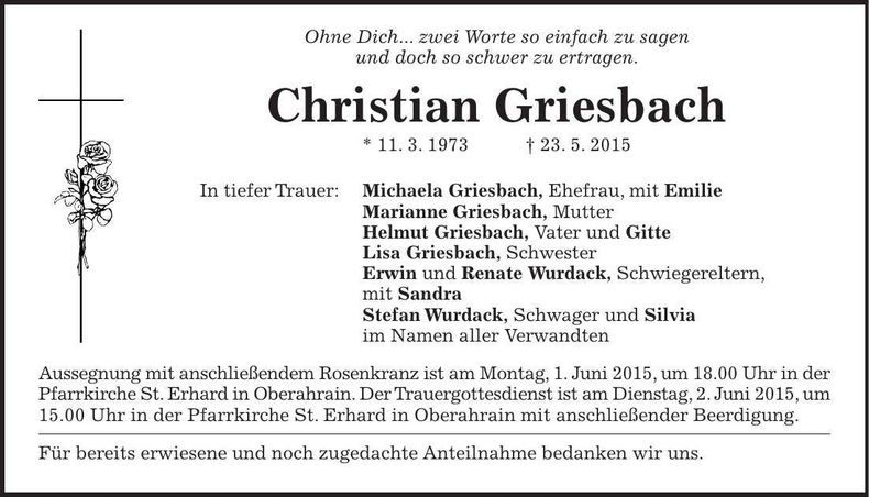 Traueranzeige Christian Griesbach