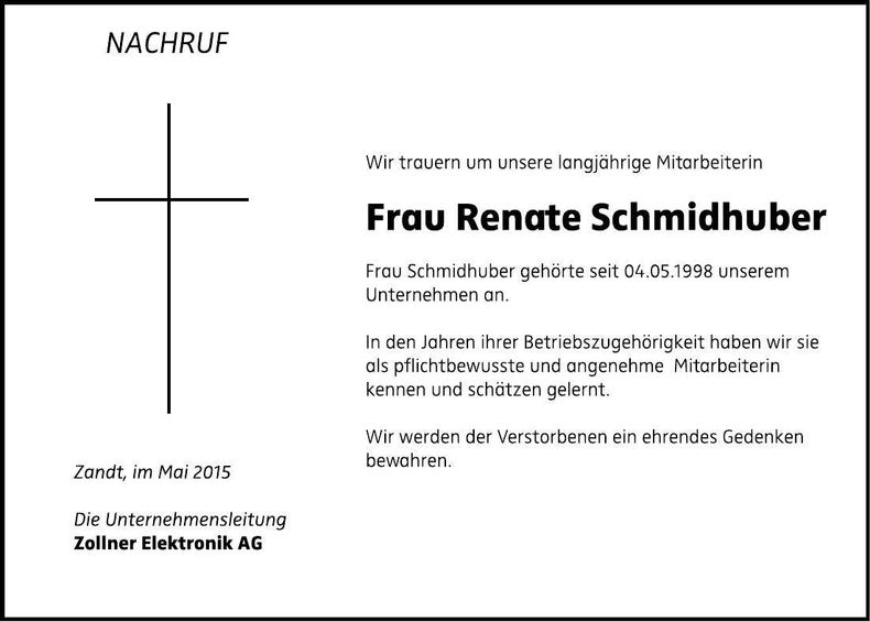 Traueranzeige Renate Schmidhuber