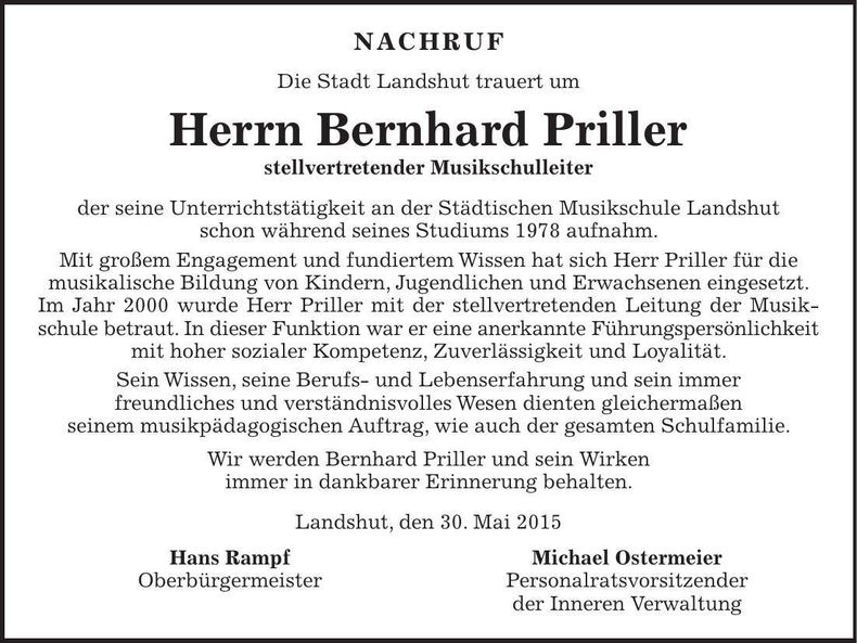 Traueranzeige Bernhard Priller