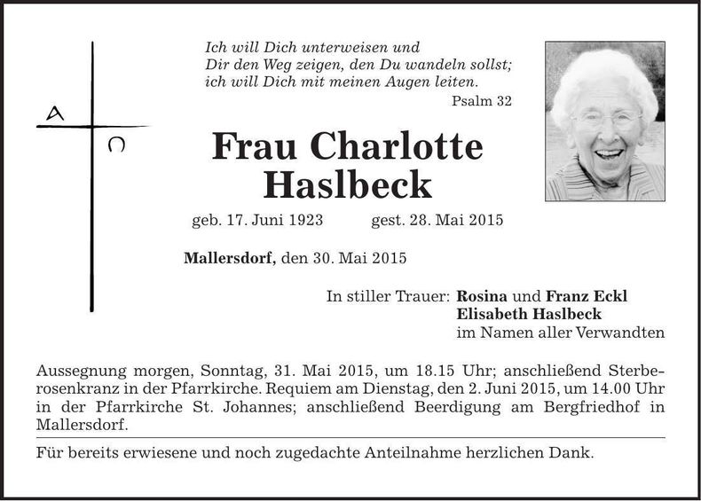Traueranzeige Charlotte Haslbeck