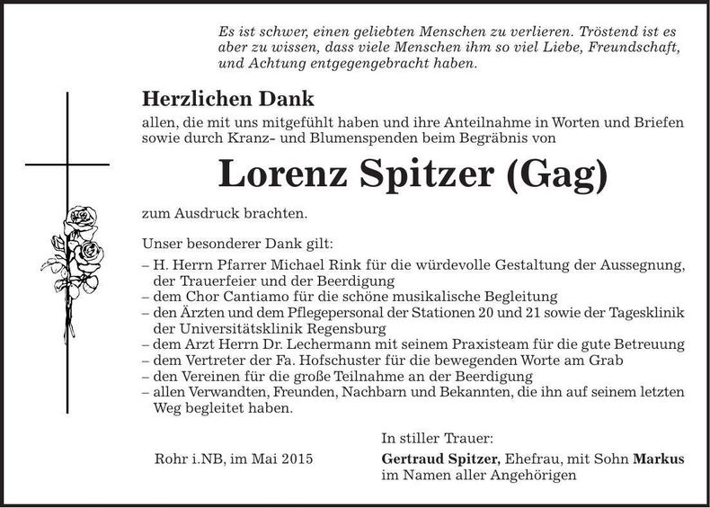 Traueranzeige Lorenz Spitzer