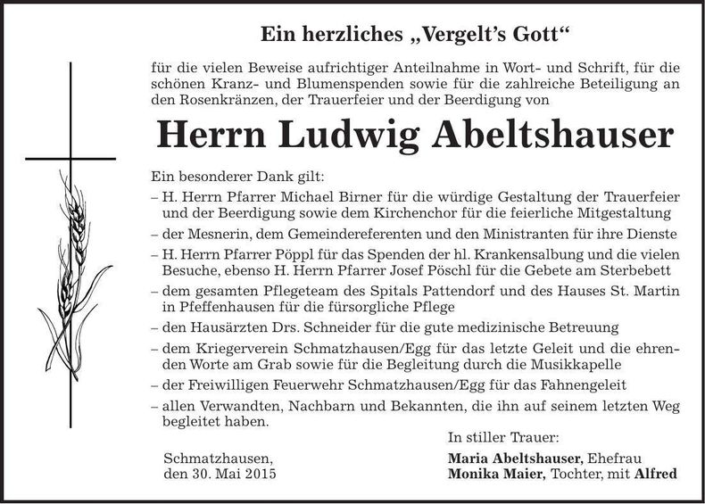 Traueranzeige Ludwig Abeltshauser