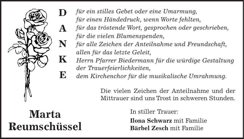 Traueranzeige Marta Reumschüssel