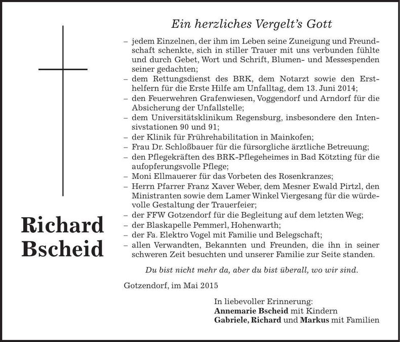 Traueranzeige Richard Bscheid