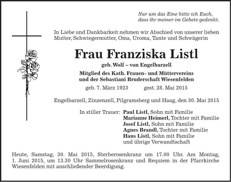 Traueranzeige Franziska Listl