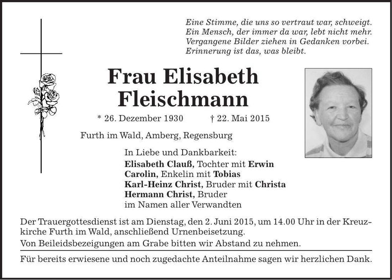 Traueranzeige Elisabeth Fleischmann