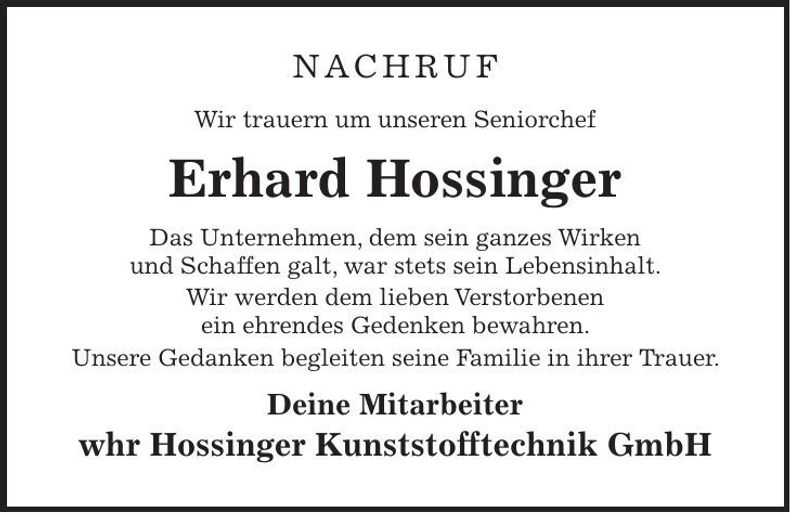 Traueranzeige Erhard Hossinger