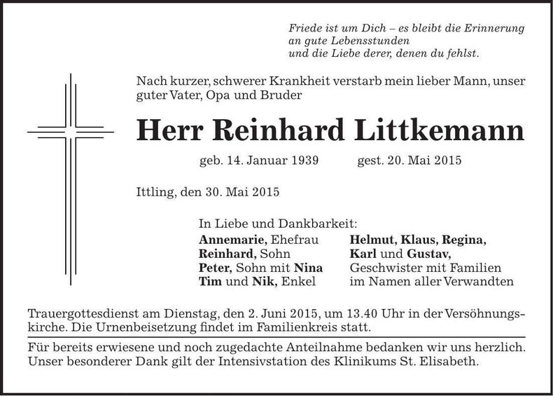 Traueranzeige Reinhard Littkemann