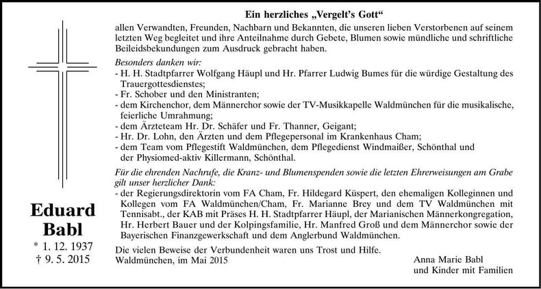 Traueranzeige Eduard Babl