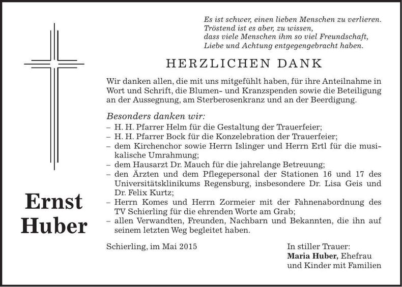 Traueranzeige Ernst Huber
