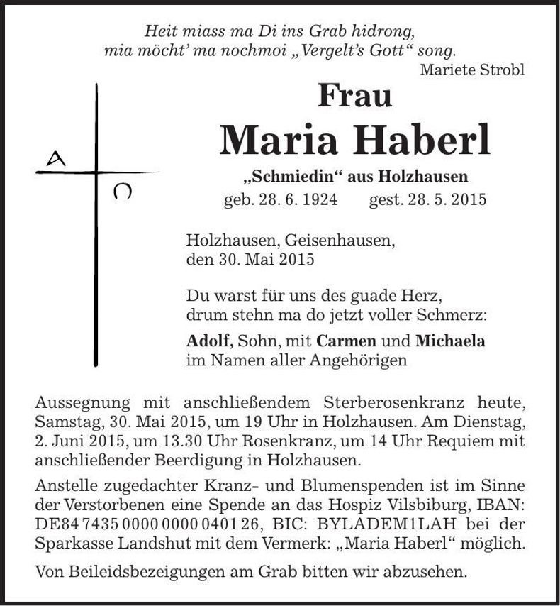 Traueranzeige Maria Haberl