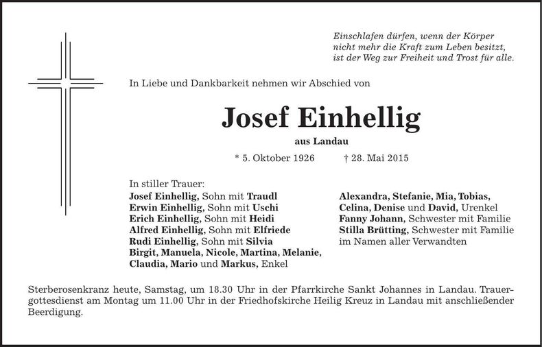 Traueranzeige Josef Einehellig