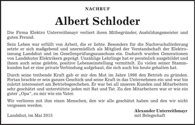 Traueranzeige Albert Schloder