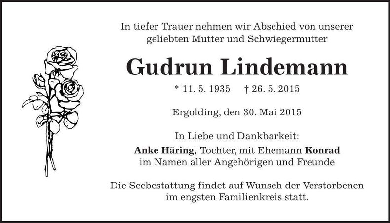 Traueranzeige Gudrun Lindemann