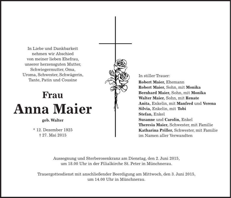 Traueranzeige Anna Maier