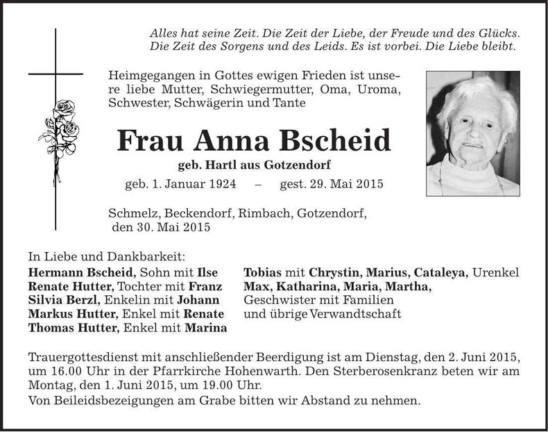 Traueranzeige Anna Bscheid